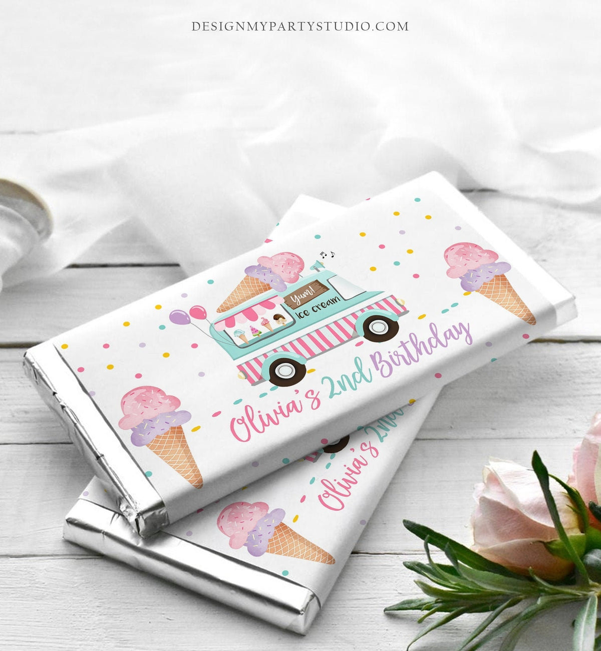 Editable Ice Cream Truck Candy Bar Wrapper Ice Cream Birthday Chocolate Bar Labels Ice Cream Party Download Corjl Template Printable 0243