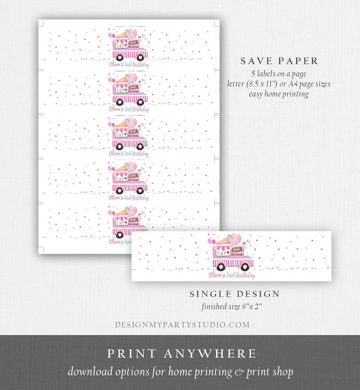 Editable Ice Cream Truck Water Bottle Labels Ice Cream Birthday Decor Sweet One Two Sweet Scoop Printable Bottle Label Template Corjl 0243