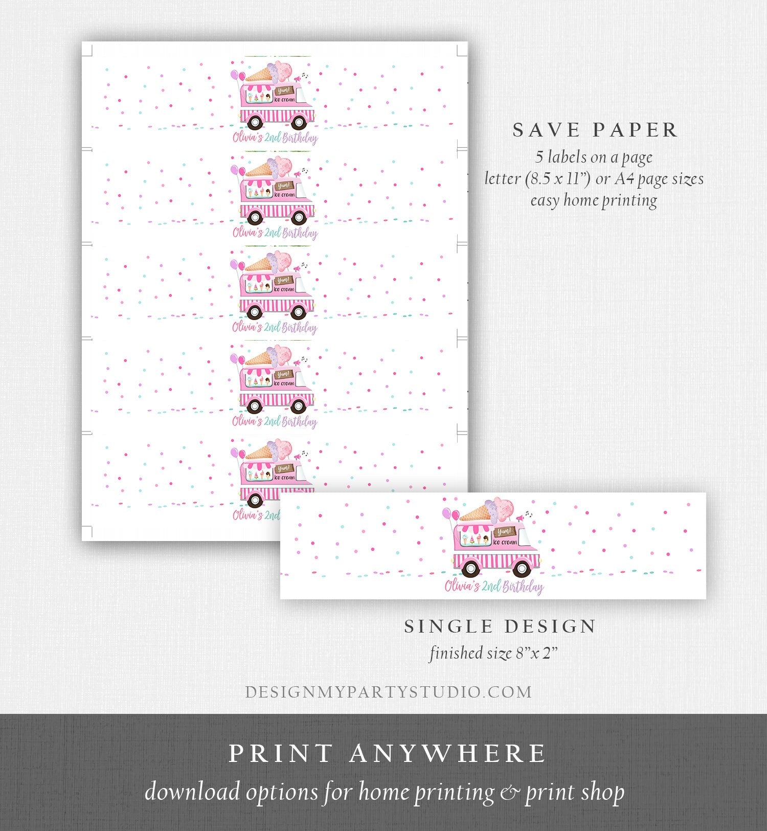 Editable Ice Cream Truck Water Bottle Labels Ice Cream Birthday Decor Sweet One Two Sweet Scoop Printable Bottle Label Template Corjl 0243