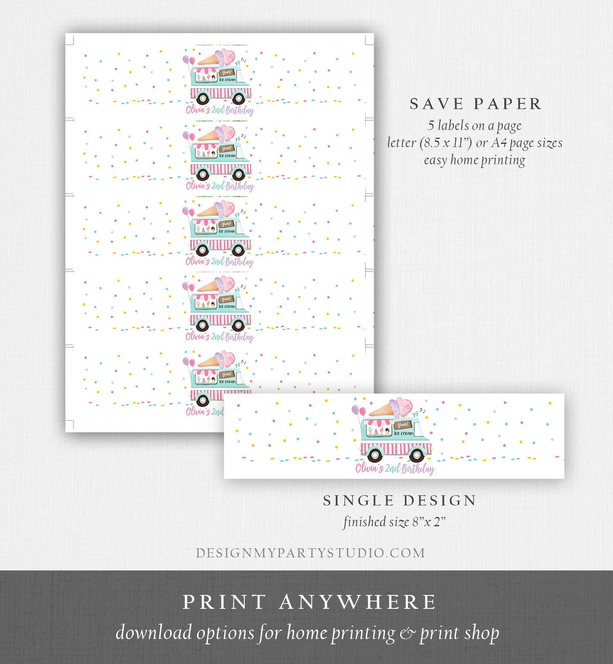 Editable Ice Cream Truck Water Bottle Labels Ice Cream Birthday Decor Sweet One Two Sweet Scoop Printable Bottle Label Template Corjl 0243