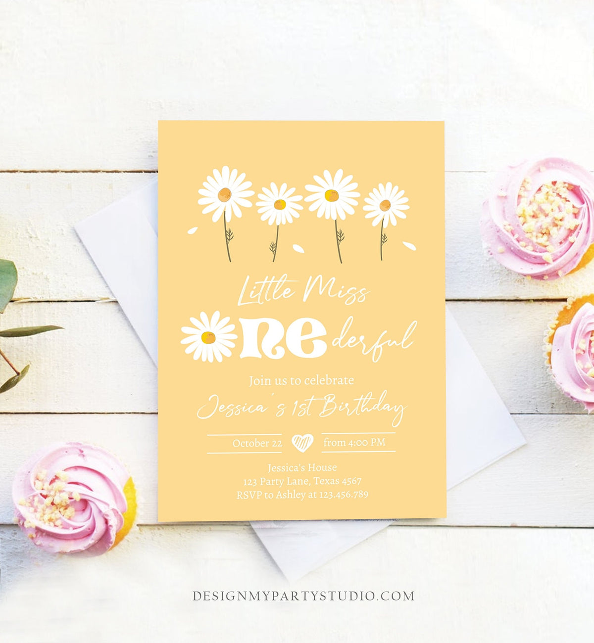 Editable Daisy Birthday Invitation Little Miss Onederful Birthday 1st Girl Floral Boho Yellow Download Printable Template Corjl Digital 0410