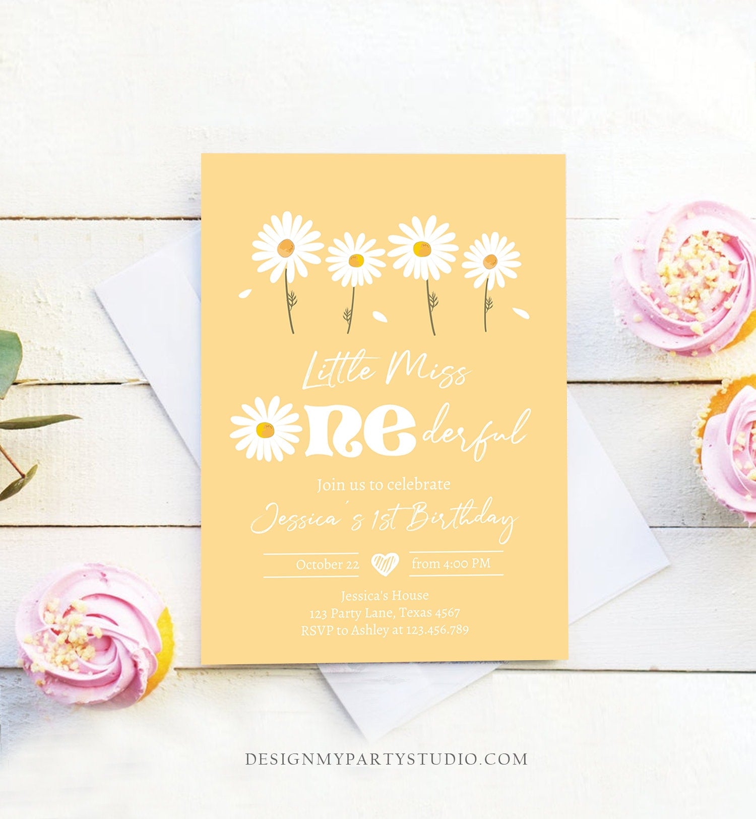 Editable Daisy Birthday Invitation Little Miss Onederful Birthday 1st Girl Floral Boho Yellow Download Printable Template Corjl Digital 0410