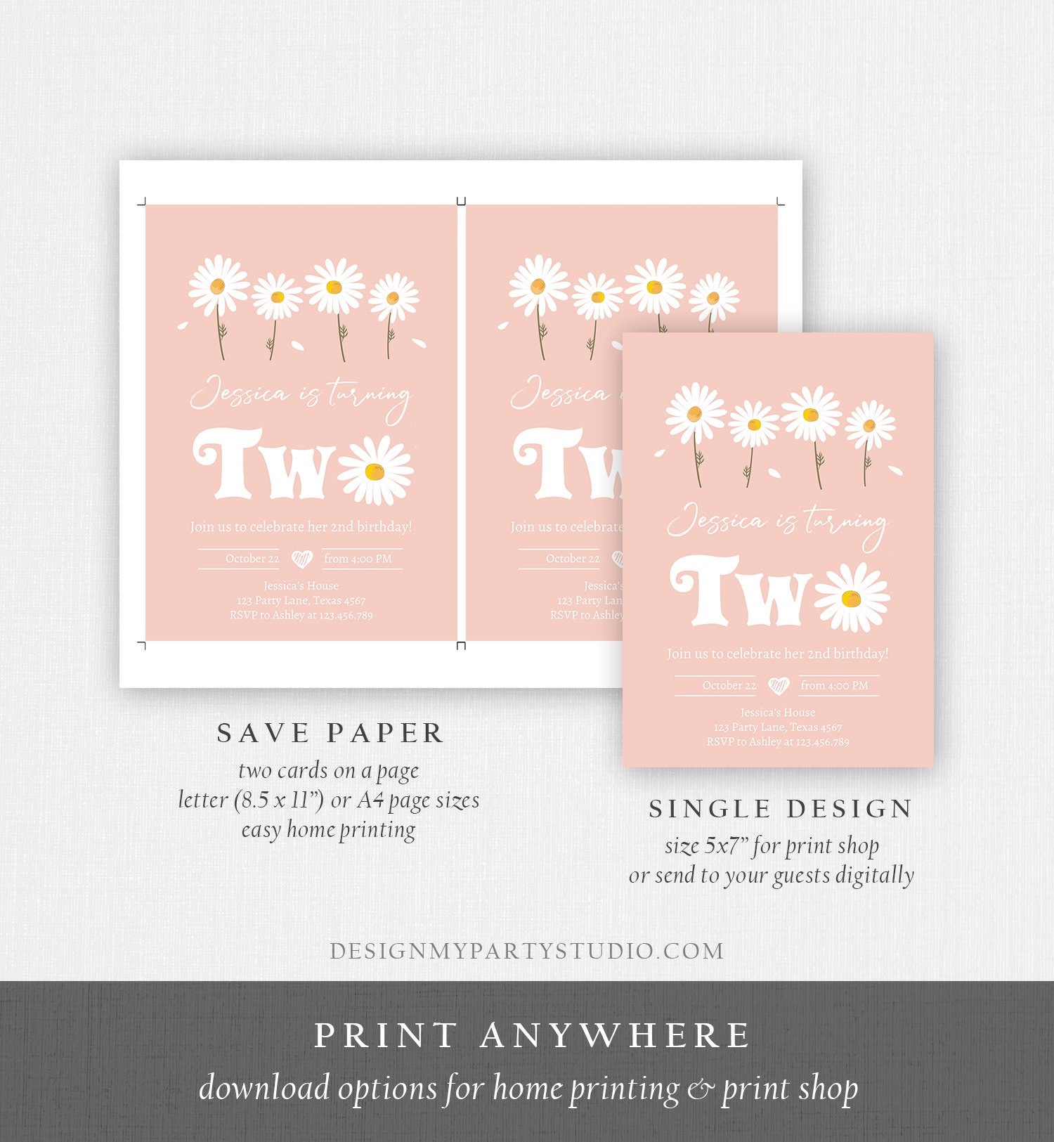 Editable Daisy Birthday Party Invitation 2nd Birthday Two Floral Bohemian Girl Boho Pink 1st Digital Download Evite Template Printable 0410