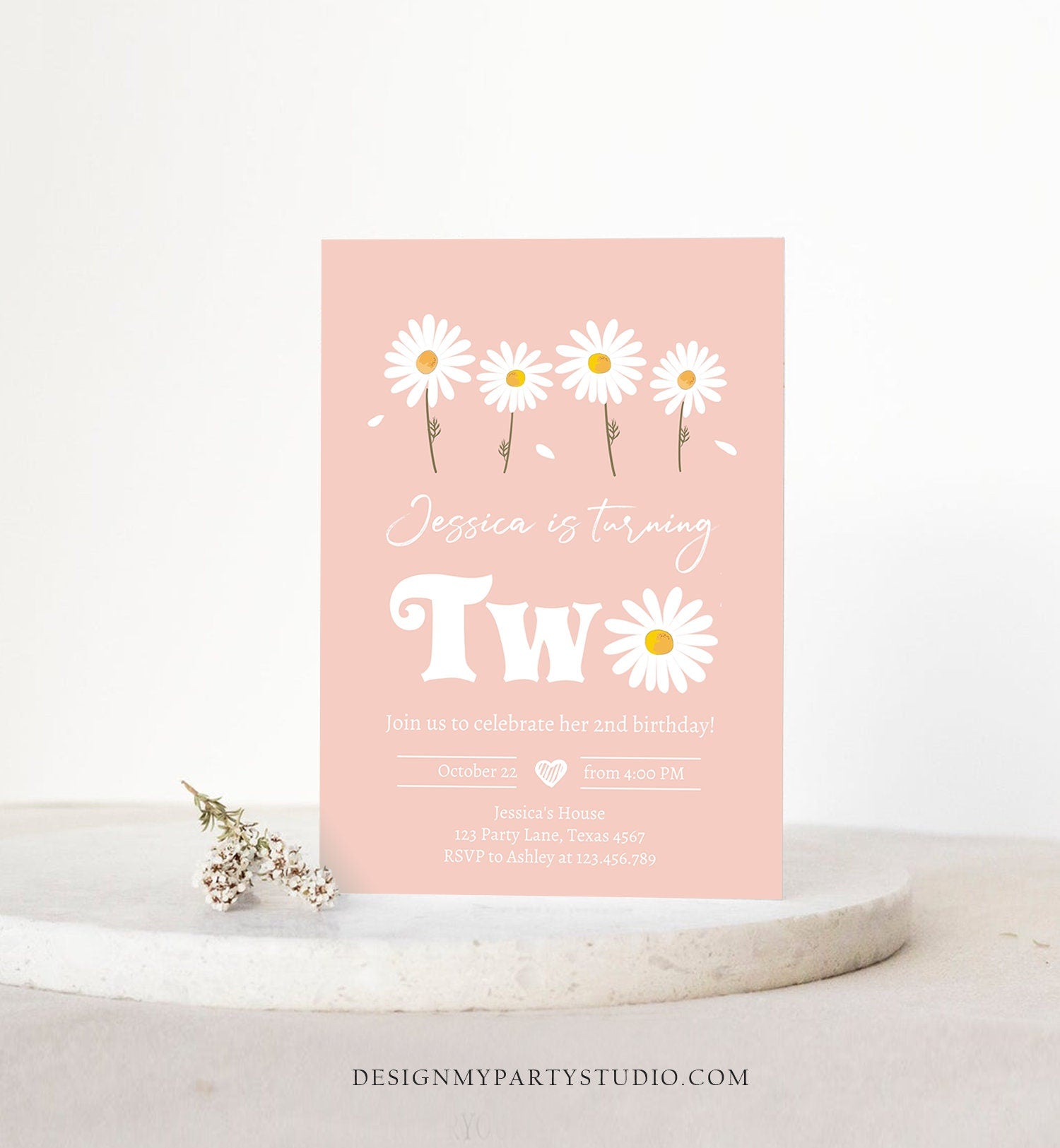 Editable Daisy Birthday Party Invitation 2nd Birthday Two Floral Bohemian Girl Boho Pink 1st Digital Download Evite Template Printable 0410