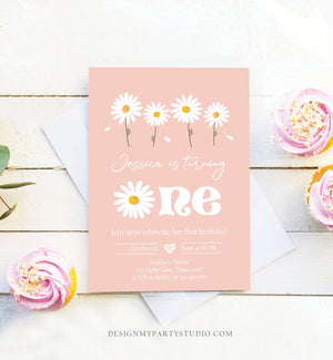 Editable Daisy Birthday Party Invitation 1st Birthday One Party Bohemian Girl Boho Pink First Download Printable Template Corjl Digital 0410