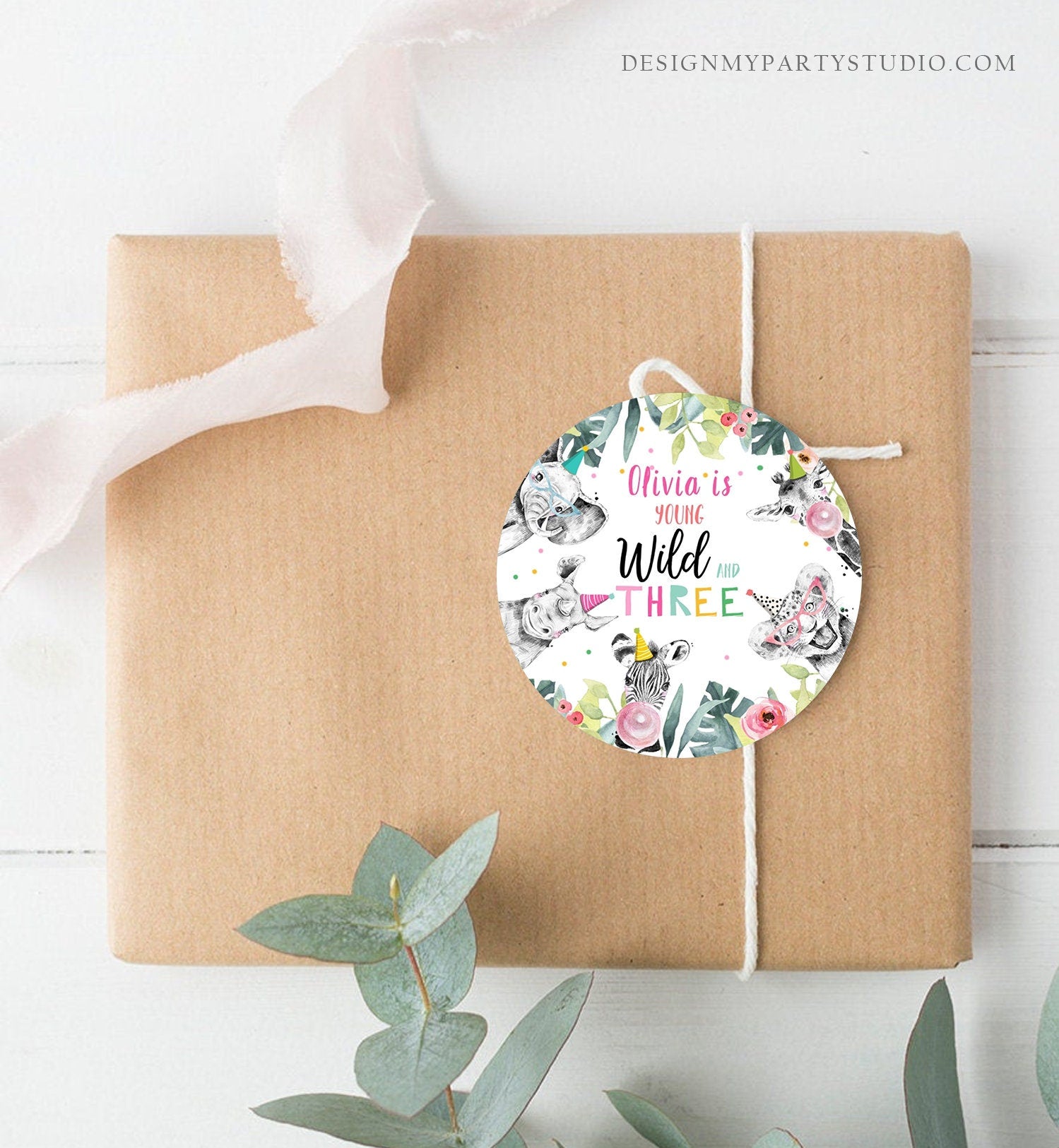 Editable Party Animals Young Wild and Three Favor tags 3rd Birthday Safari Animals Zoo Birthday Wild Time Stickers Zoo Template Corjl 0322