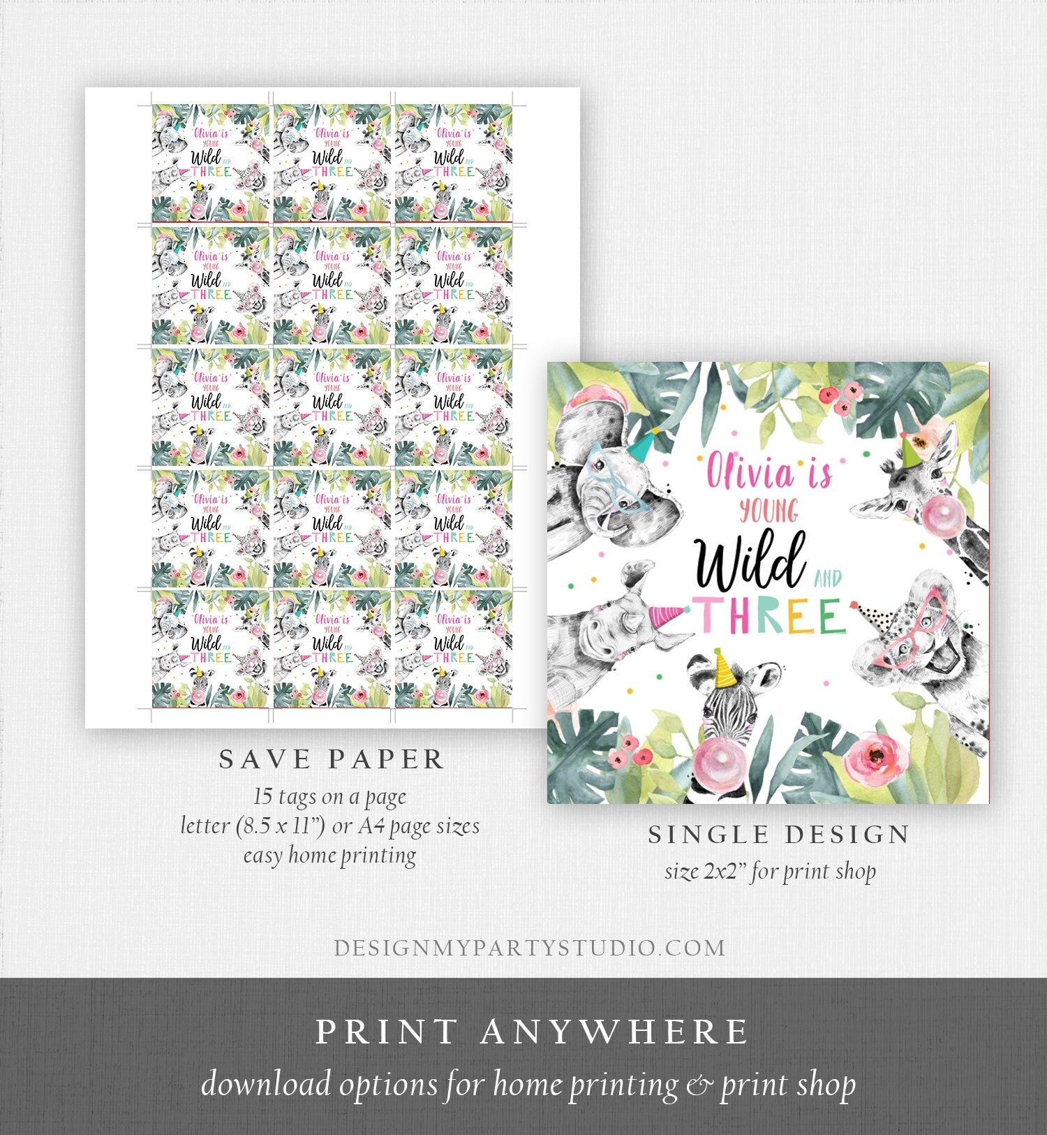 Editable Party Animals Young Wild and Three Favor tags 3rd Birthday Safari Animals Zoo Birthday Wild Time Stickers Zoo Template Corjl 0322