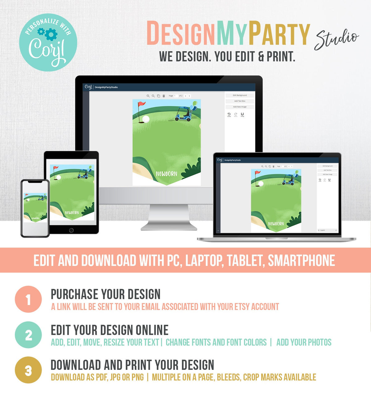 Editable Hole in One Birthday Banner Monthly Photo Banner Golf 1st Birthday Par-tee Golfing Digital Download Corjl Template Printable 0405