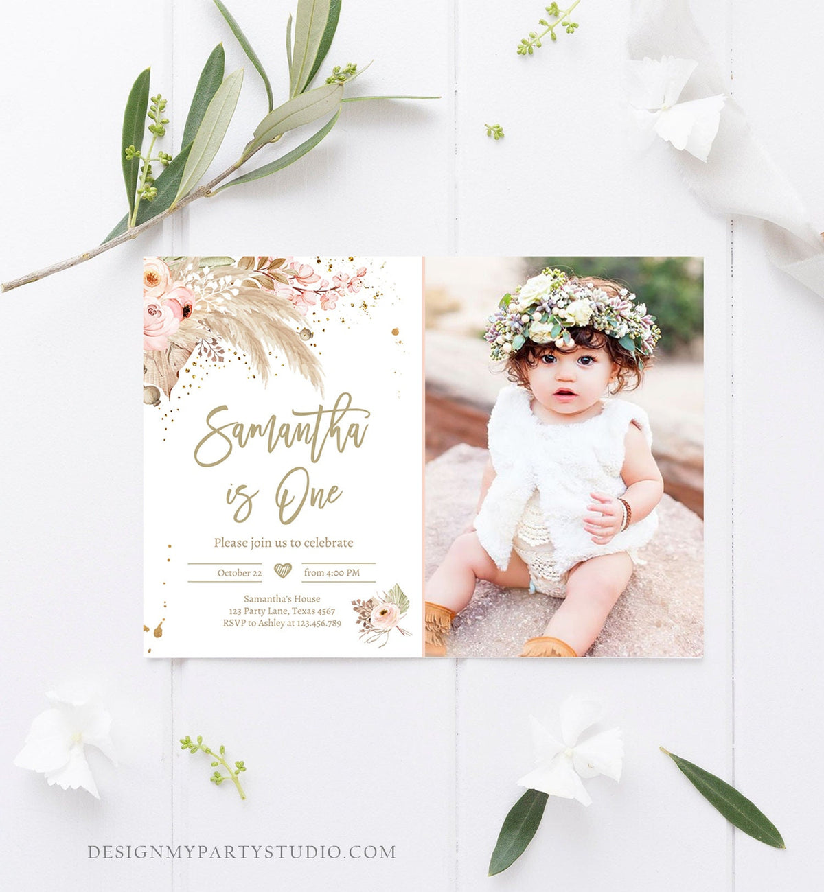Editable Pampas Grass Birthday Invitation Boho Birthday Invite Bohemian Girl Muted Rustic Download Printable Invitation Template Evite 0395