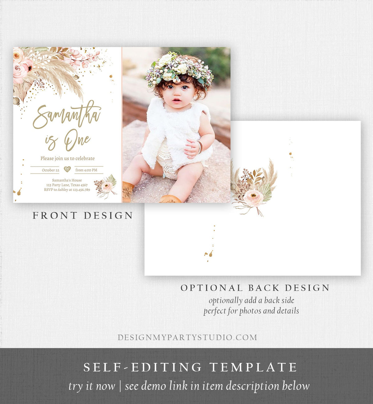 Editable Pampas Grass Birthday Invitation Boho Birthday Invite Bohemian Girl Muted Rustic Download Printable Invitation Template Evite 0395