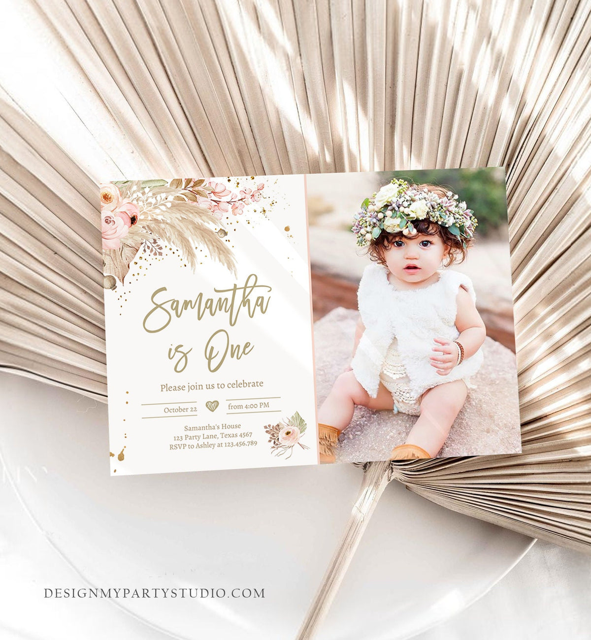 Editable Pampas Grass Birthday Invitation Boho Birthday Invite Bohemian Girl Muted Rustic Download Printable Invitation Template Evite 0395