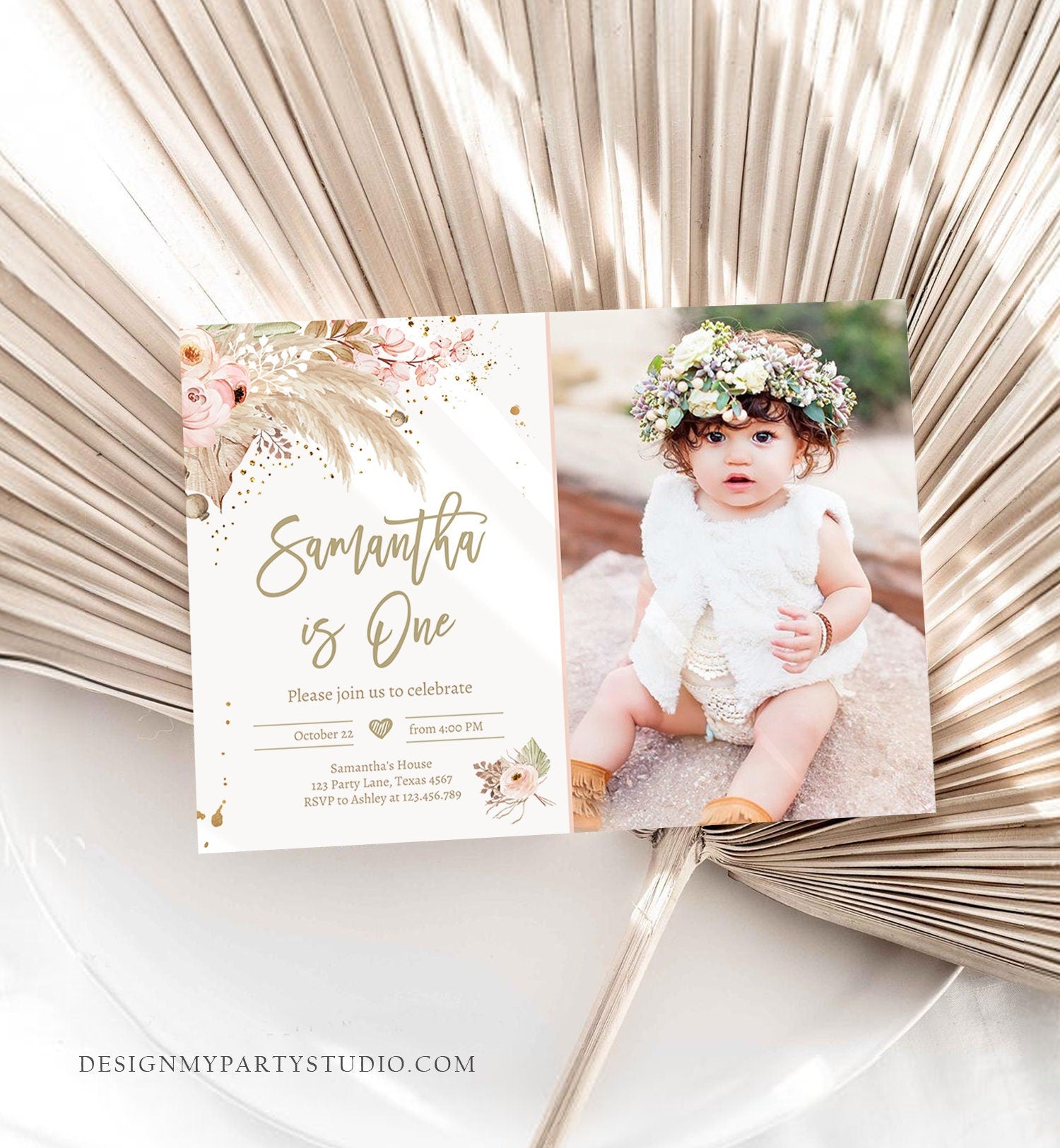 Editable Pampas Grass Birthday Invitation Boho Birthday Invite Bohemian Girl Muted Rustic Download Printable Invitation Template Evite 0395
