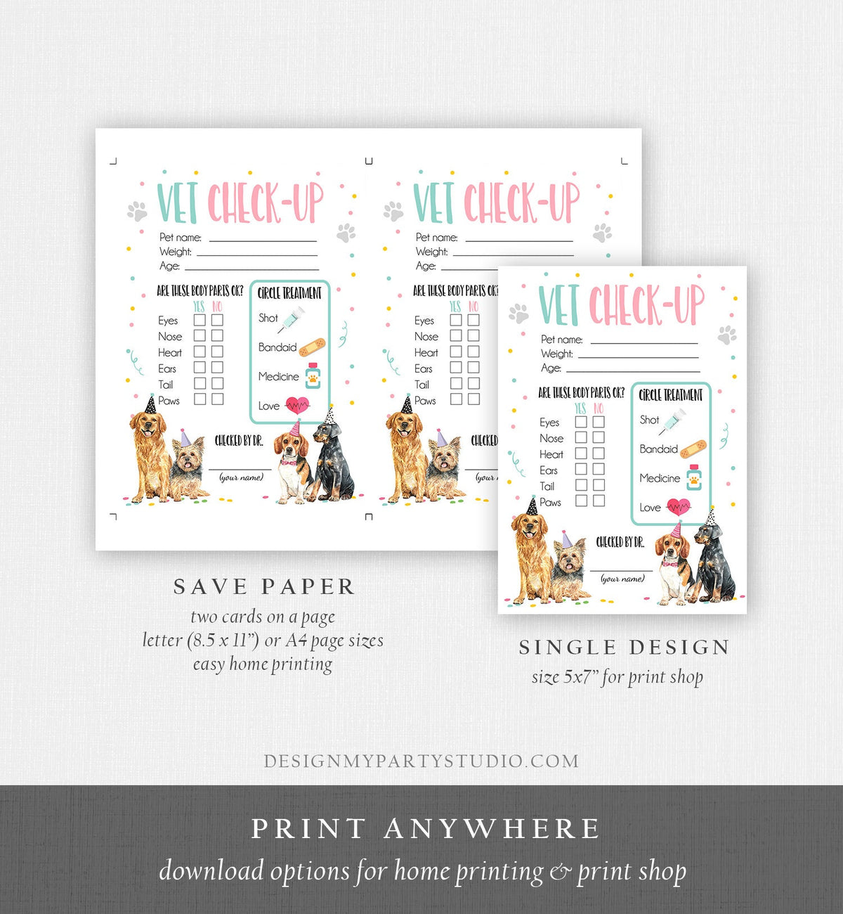 Vet Check Up Exam Sheet Pet Check-Up Dog Birthday Party Puppy Party Hospital Puppy Adoption Adopt a Pet Girl Pink Digital Printable 0384