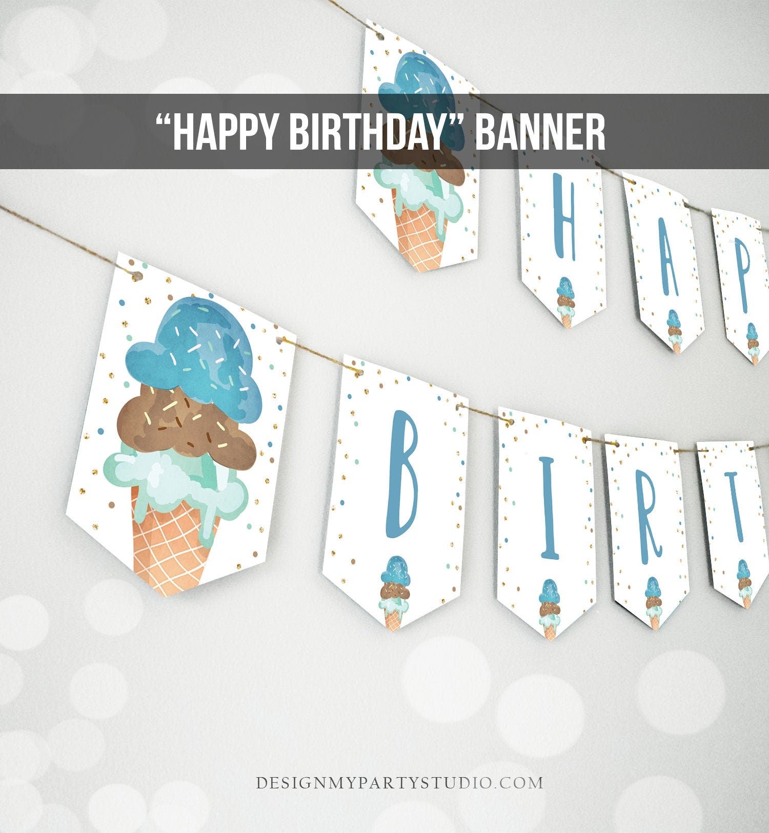 Happy Birthday Banner Boy Ice Cream Birthday Banner Ice Cream Party Boy Birthday Decorations Instant Download PRINTABLE DIGITAL DIY 0243