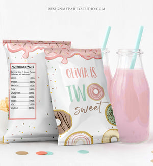 Editable Two Sweet Chip Bag Donut Birthday Party Decor Girl 2nd Birthday TWO Donuts Labels Snack Favors Download Digital Corjl Template 0320