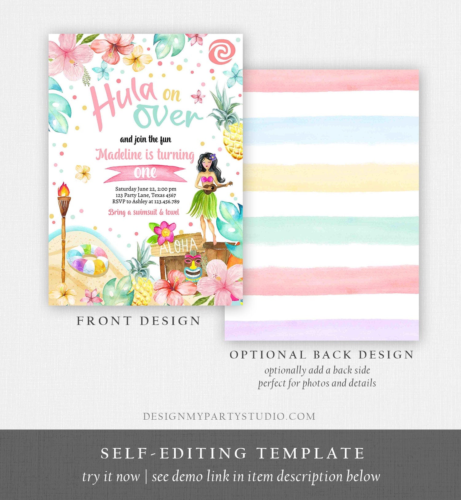 Editable Hawaiian Luau Birthday Invitation Tropical Pool Party Luau Party Hawaiian Birthday Hawaii Digital Download Template Printable 0413