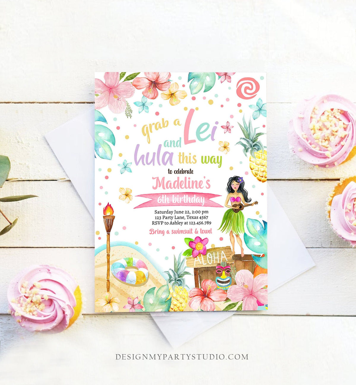 Editable Hawaiian Luau Birthday Invitation Tropical Pool Party Luau Party Hawaiian Birthday Hawaii Download Corjl Template Printable 0413