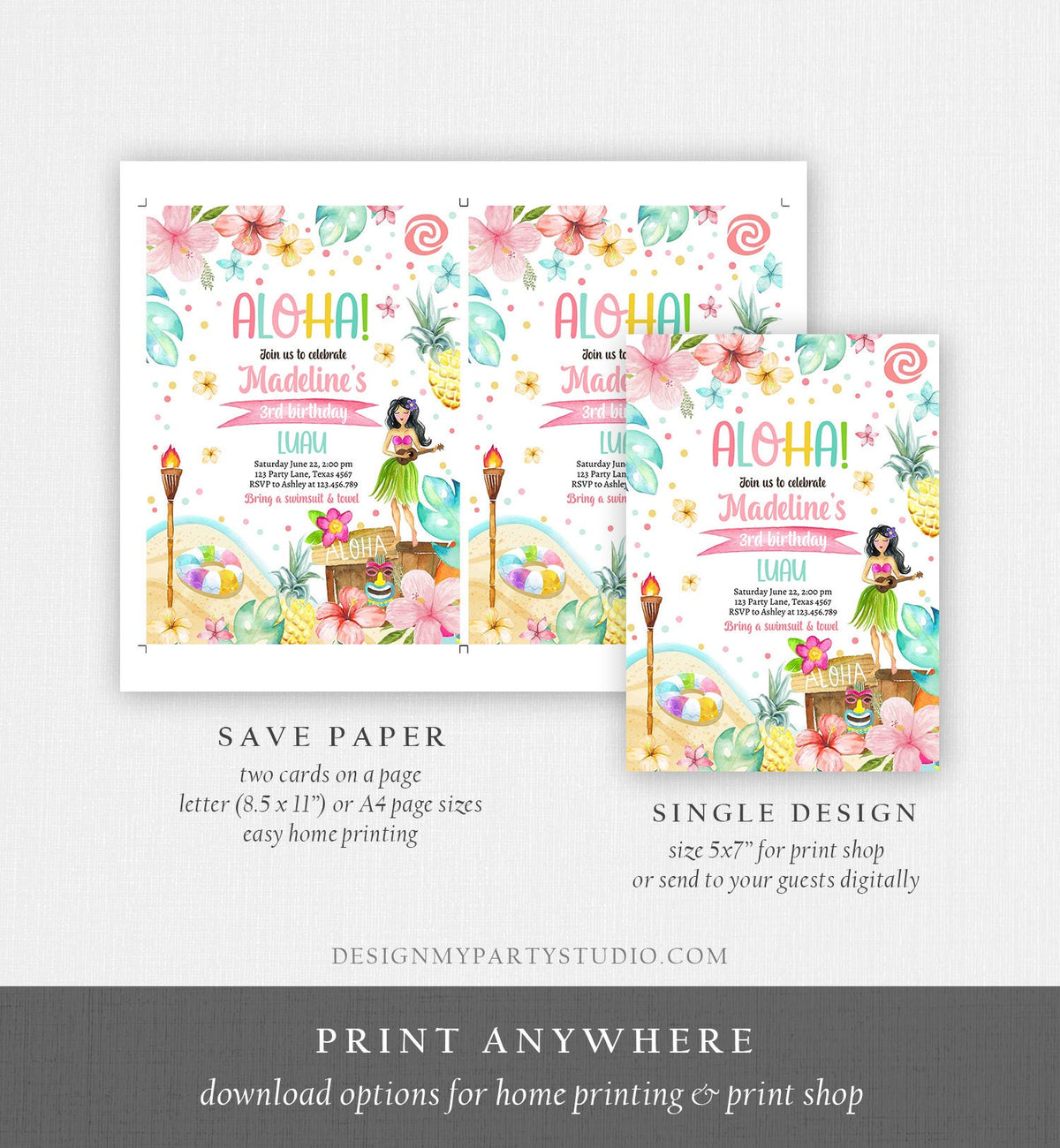 Editable Hawaiian Luau Birthday Invitation Tropical Pool Party Luau Party Hawaiian Birthday Aloha Digital Download Template Printable 0413