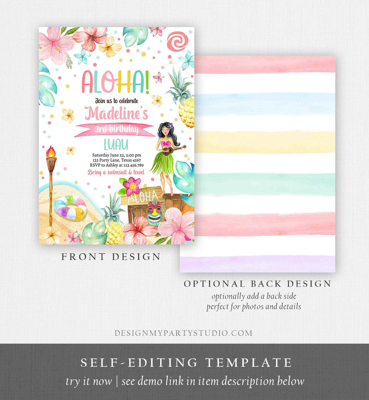 Editable Hawaiian Luau Birthday Invitation Tropical Pool Party Luau Party Hawaiian Birthday Aloha Digital Download Template Printable 0413