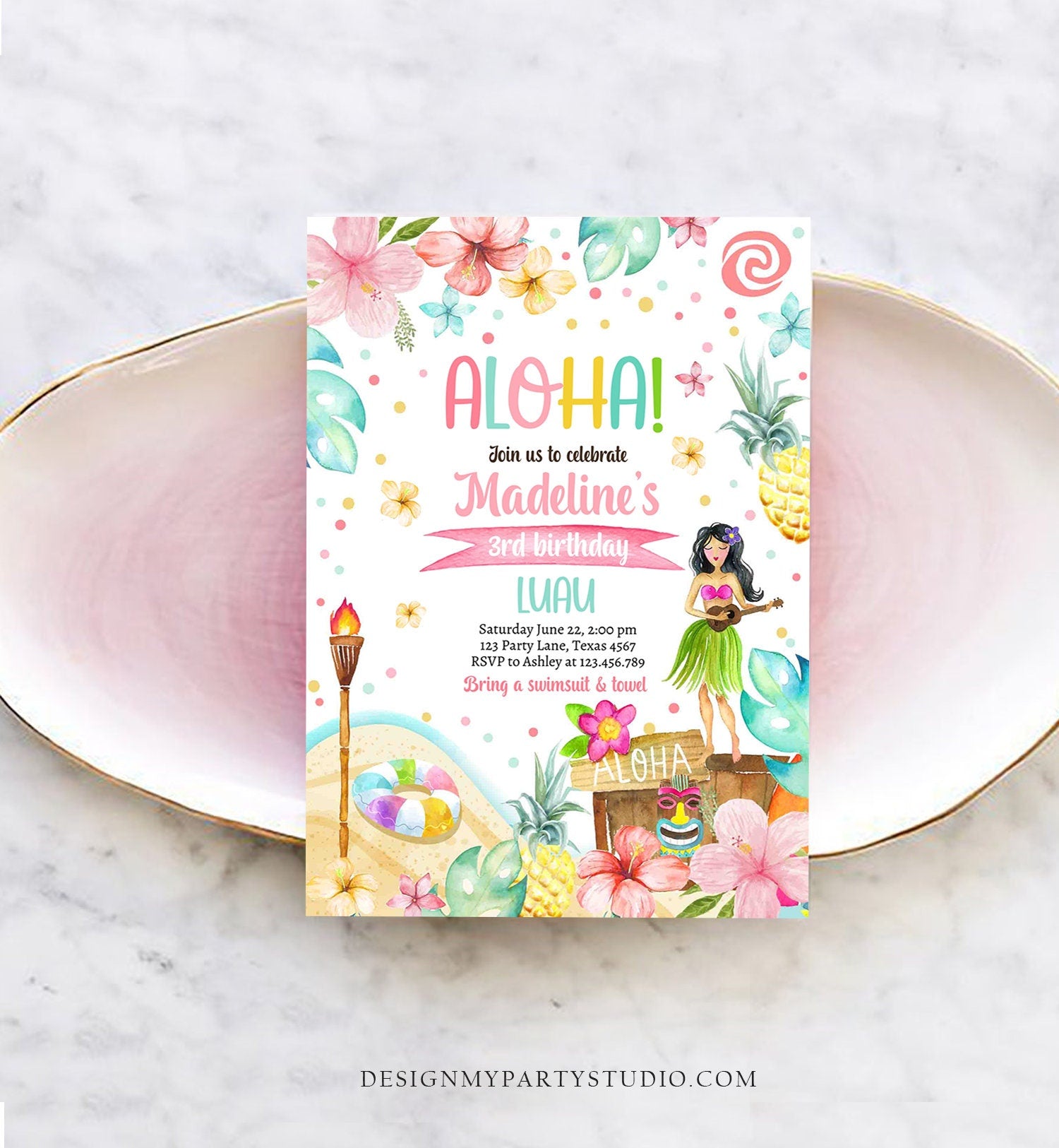 Editable Hawaiian Luau Birthday Invitation Tropical Pool Party Luau Party Hawaiian Birthday Aloha Digital Download Template Printable 0413