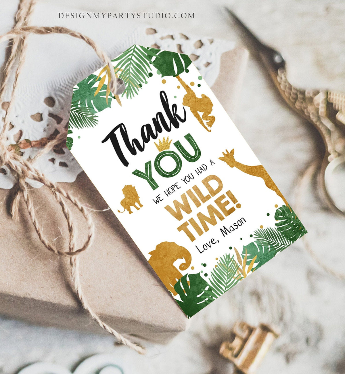 Editable Safari Animals Favor Tags Wild One Thank You Tags Wild Time Label Tags Jungle Boy Gold Green Gift Tags Zoo Corjl Template 0016
