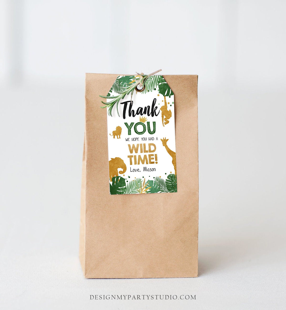 Editable Safari Animals Favor Tags Wild One Thank You Tags Wild Time Label Tags Jungle Boy Gold Green Gift Tags Zoo Corjl Template 0016
