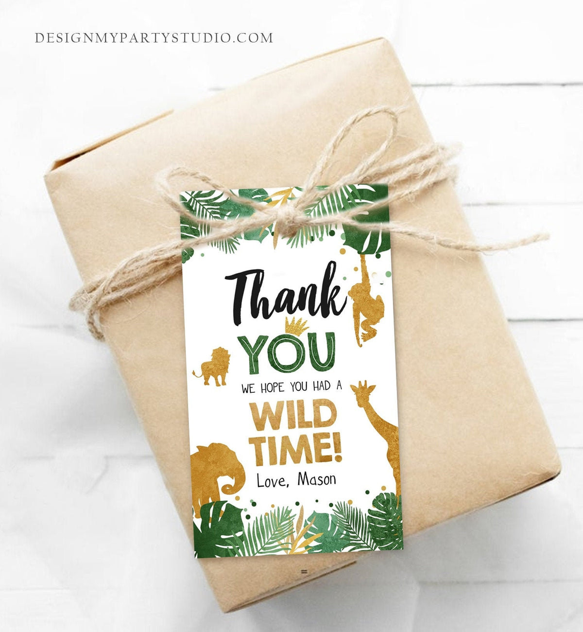 Editable Safari Animals Favor Tags Wild One Thank You Tags Wild Time Label Tags Jungle Boy Gold Green Gift Tags Zoo Corjl Template 0016