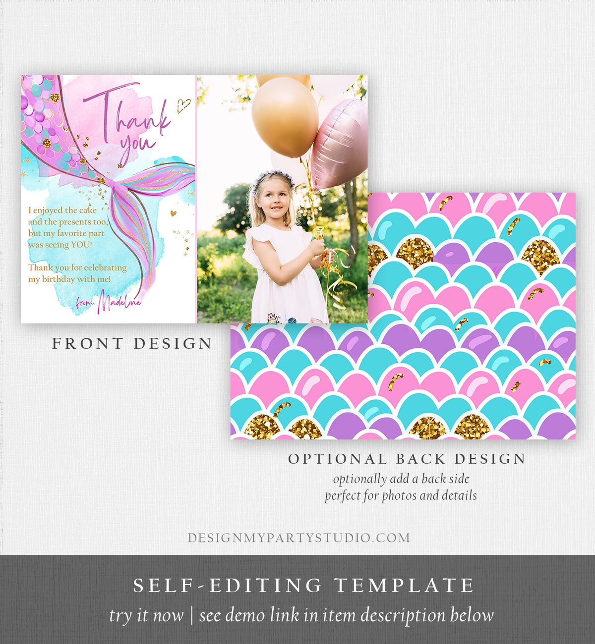 Editable Mermaid Thank You Card Girl Under the Sea Birthday Party Thank You Note Purple Gold Digital Download Template Printable 0403