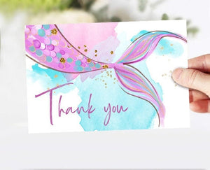 Mermaid Thank You Card Girl Mermaid Birthday Party Thank You Note Purple Gold Under The Sea Printable Instant Download Digital 0403