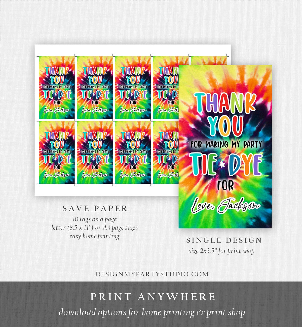 Editable Tie Dye Favor Tags Gift Tag Boy Tie Dye Birthday Thank You Download Hippie Peace Love Craft Party Digital Template Printable 0407