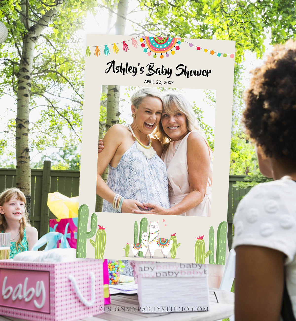 Editable Llama Photo Frame Booth Sign Baby Shower Prop Fiesta Llama Cactus Succulent Mexican Alpaca Pink Corjl Template Printable 0079