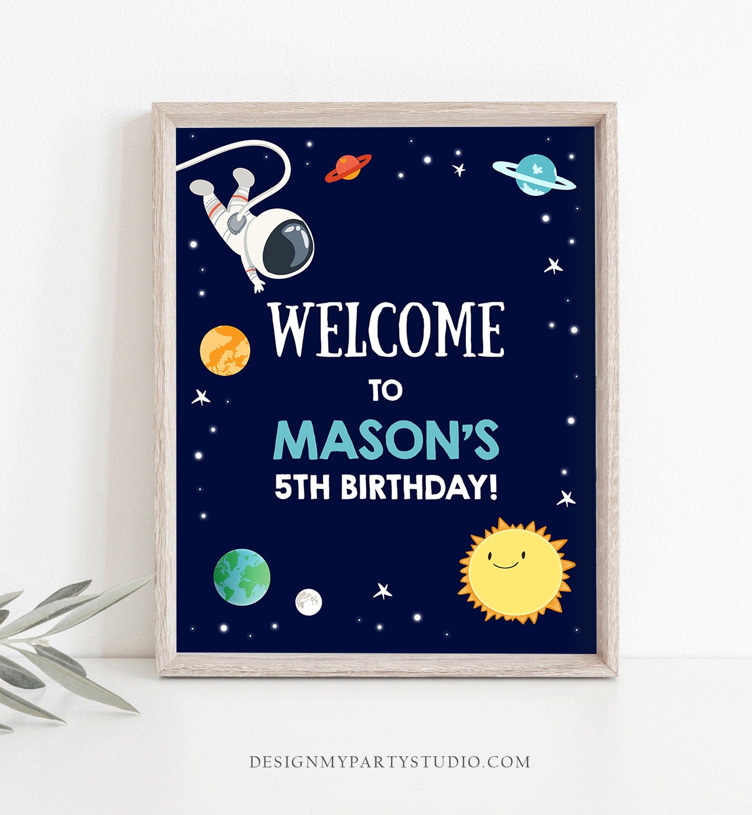 Editable Space Astronaut Welcome Sign Birthday Baby Shower Welcome 1st Birthday Boy Outer Space Adventure Corjl Template Printable 0259