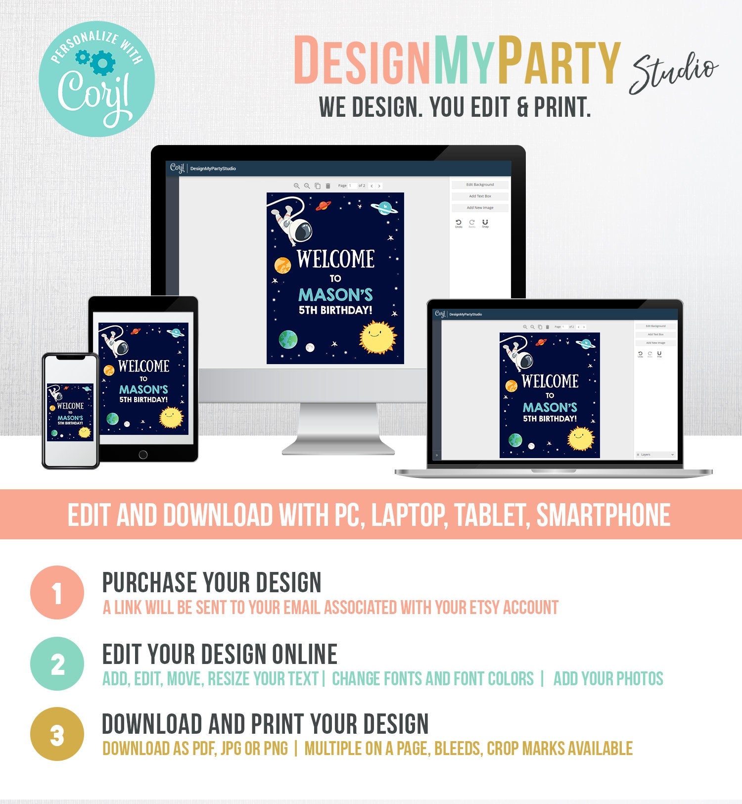 Editable Space Astronaut Welcome Sign Birthday Baby Shower Welcome 1st Birthday Boy Outer Space Adventure Digital Template Printable 0259