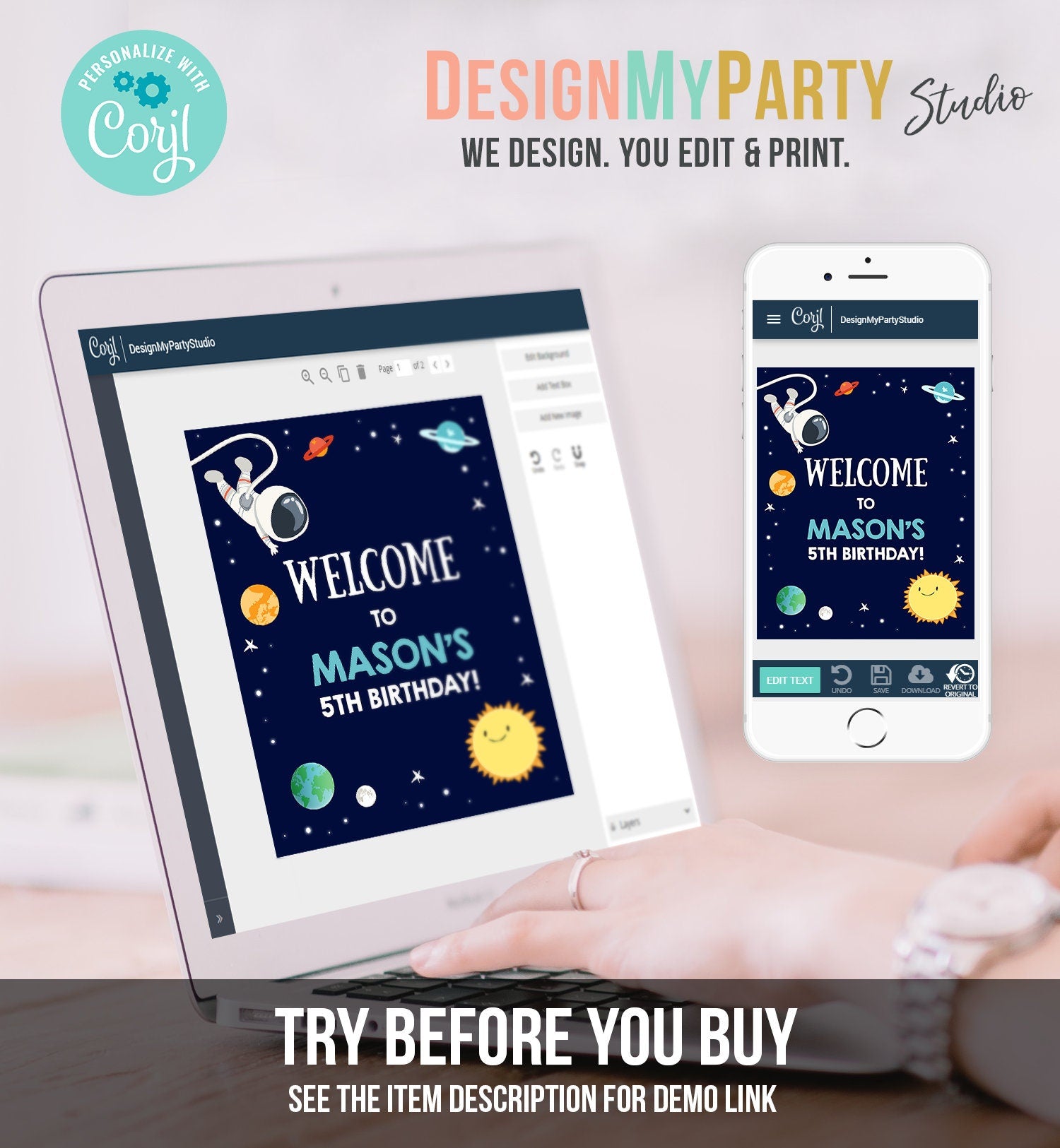 Editable Space Astronaut Welcome Sign Birthday Baby Shower Welcome 1st Birthday Boy Outer Space Adventure Digital Template Printable 0259