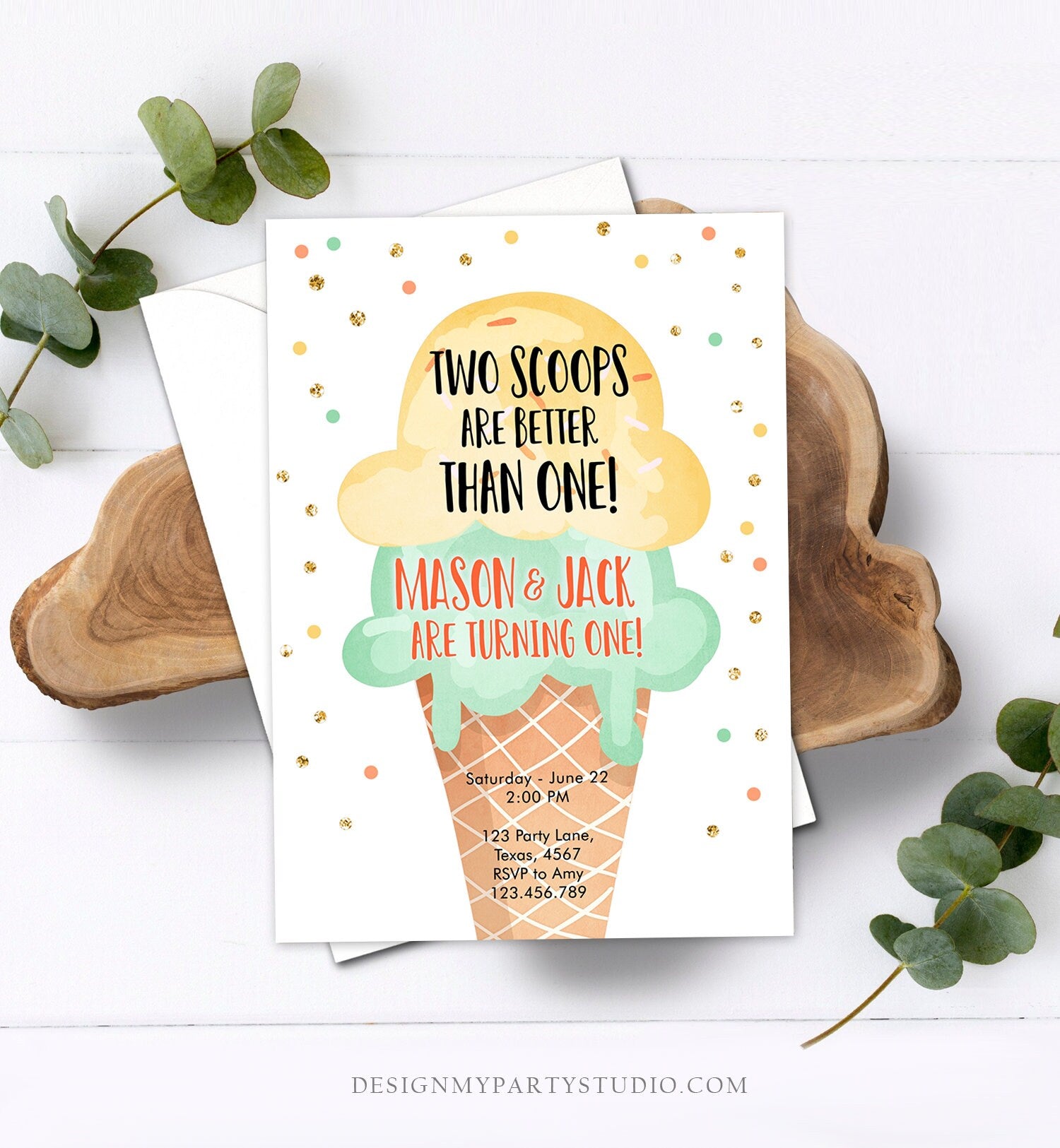 Editable Twin Ice Cream Birthday Invitation First Birthday Two is Better Than One Yellow Mint Gold Boy Digital Template Printable 0243