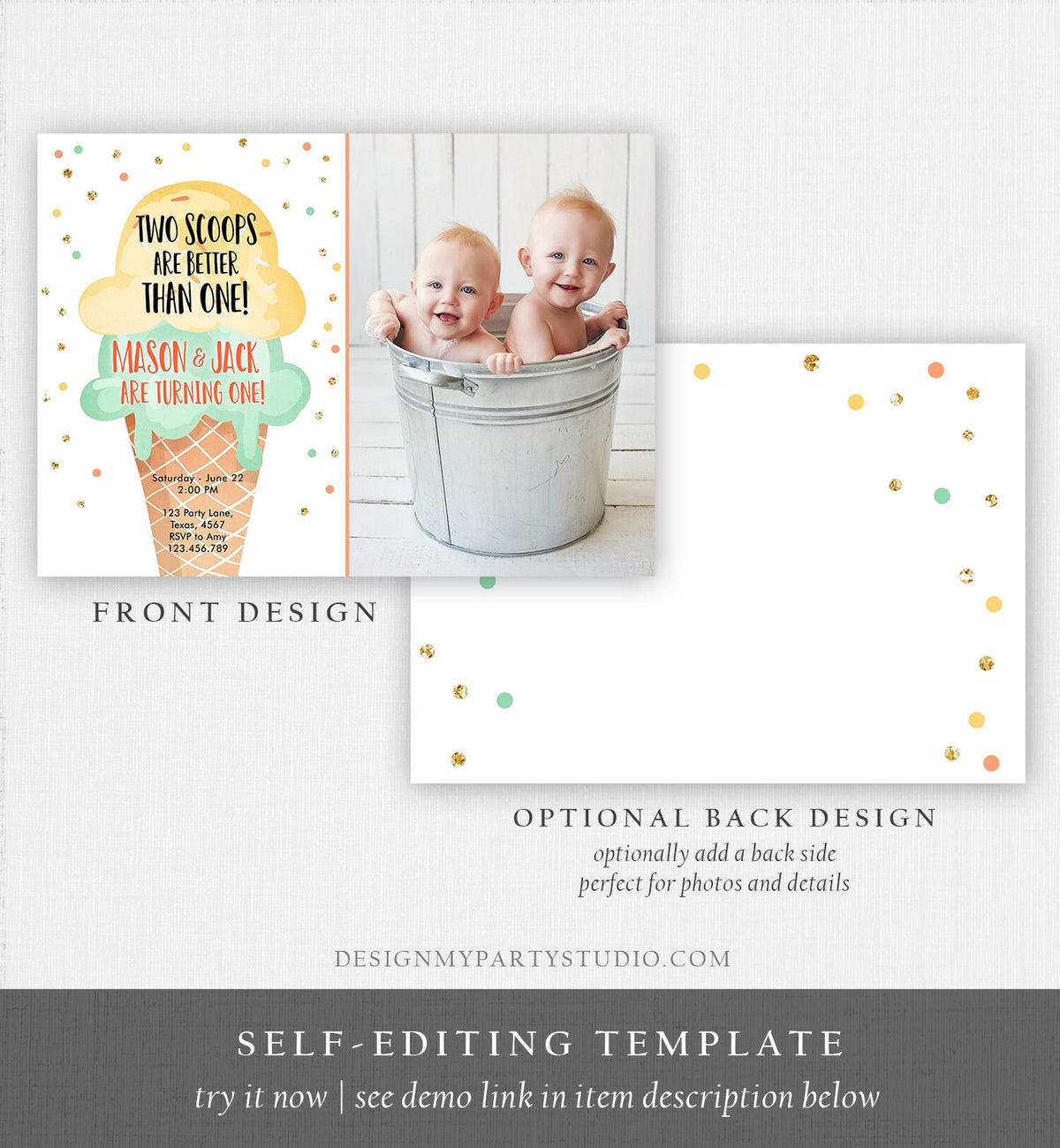Editable Twin Ice Cream Birthday Invitation First Birthday Two is Better Than One Yellow Mint Gold Boy Digital Template Printable 0243