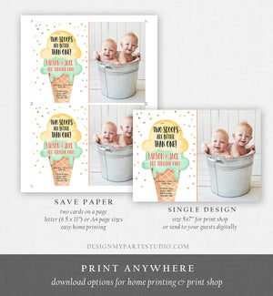 Editable Twin Ice Cream Birthday Invitation First Birthday Two is Better Than One Yellow Mint Gold Boy Neutral Printable Template Corjl 0243