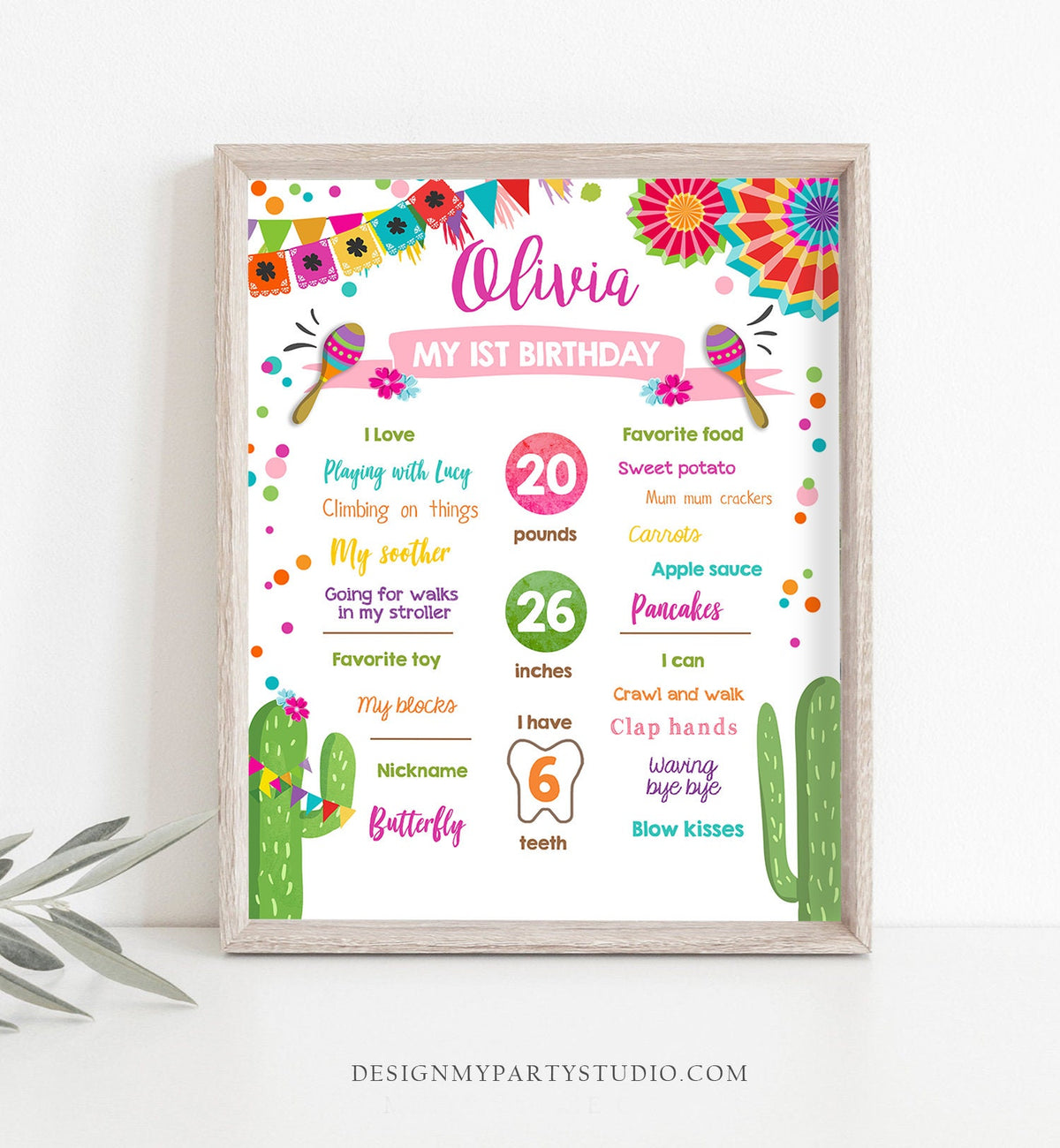 Editable First Fiesta Birthday Milestone Sign Girl Pink Birthday Poster 1st Birthday Mexican Cactus Digital Download Template Printable 0045