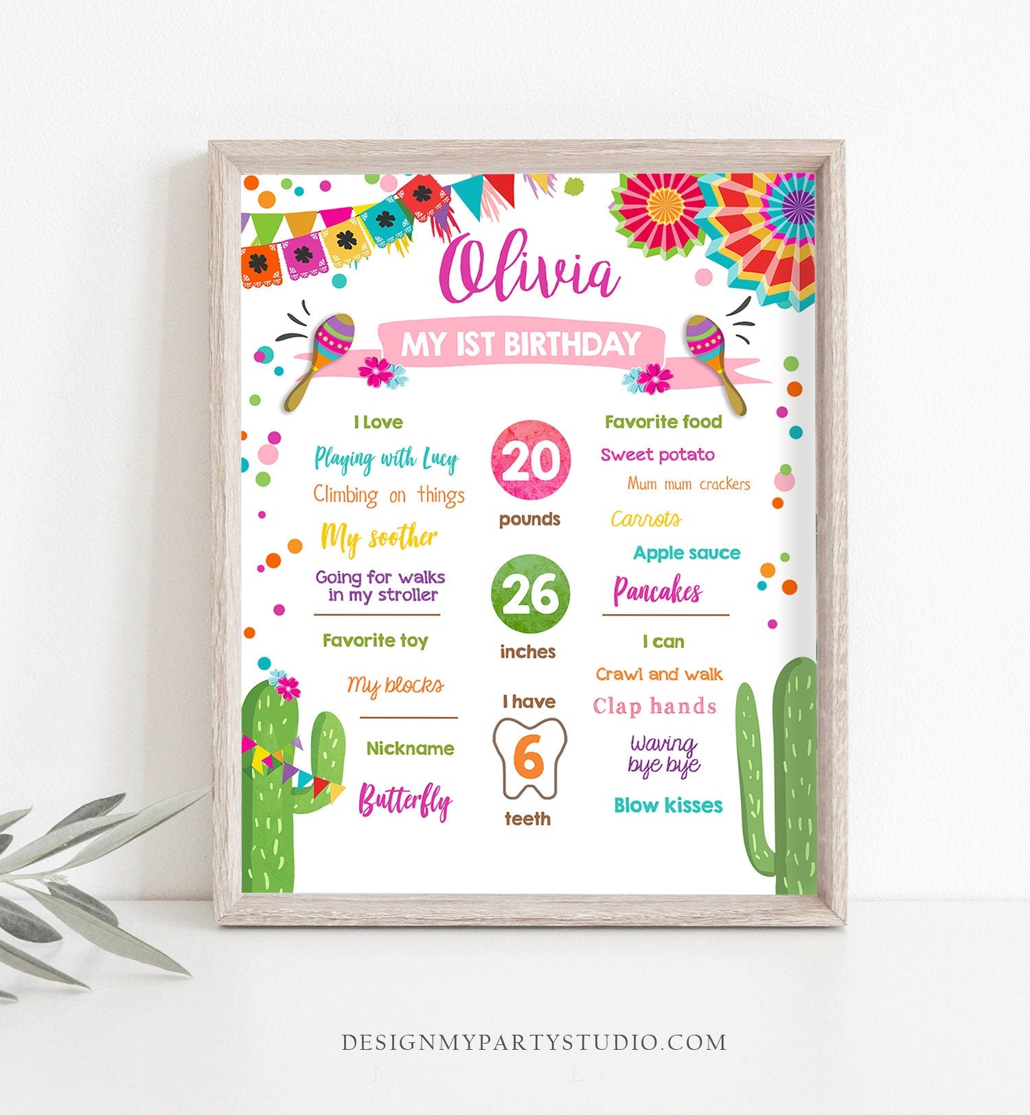 Editable First Fiesta Birthday Milestone Sign Girl Pink Birthday Poster 1st Birthday Mexican Cactus Digital Download Template Printable 0045