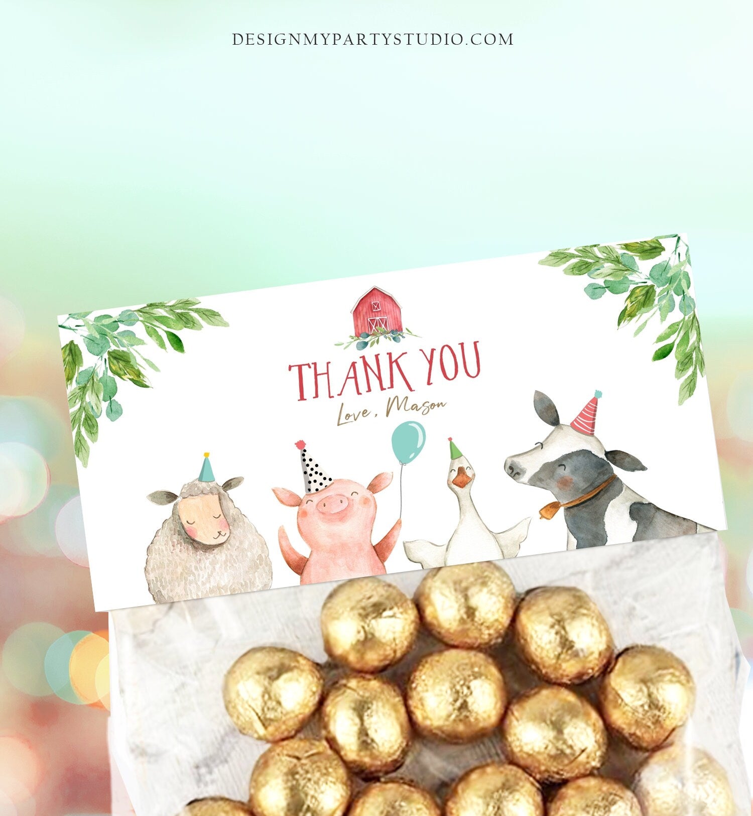 Editable Farm Animals Treat Bag Toppers Farm Birthday Thank You Barnyard Loot Topper Red Farm Boy Digital Download Template Printable 0155