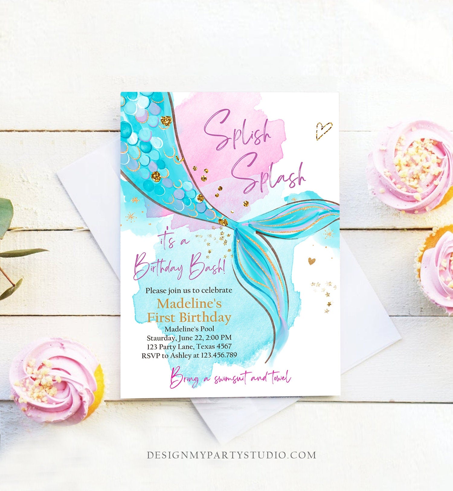 Editable Mermaid Birthday Party Invitation Girl Pink Aqua Blue Gold Mermaid Birthday Under The Sea Digital Download Template Printable 0403