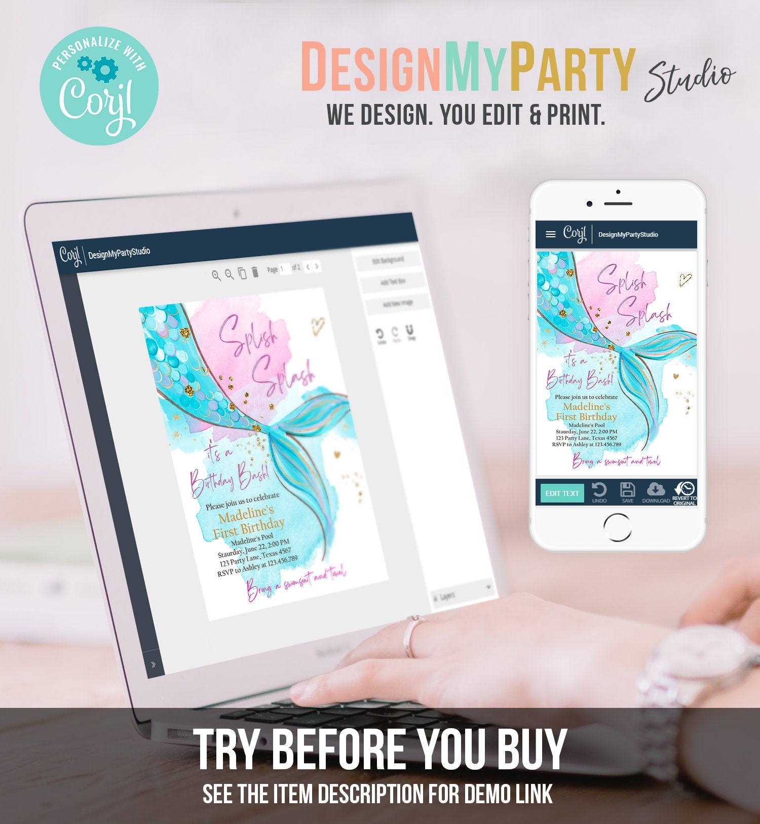 Editable Mermaid Birthday Party Invitation Girl Pink Aqua Blue Gold Mermaid Birthday Under The Sea Digital Download Template Printable 0403