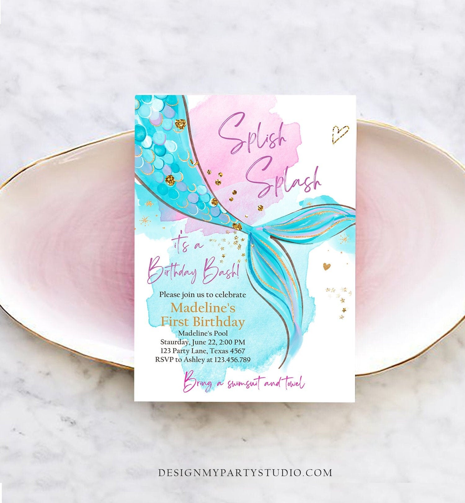 Editable Mermaid Birthday Party Invitation Girl Pink Aqua Blue Gold Mermaid Birthday Under The Sea Digital Download Template Printable 0403