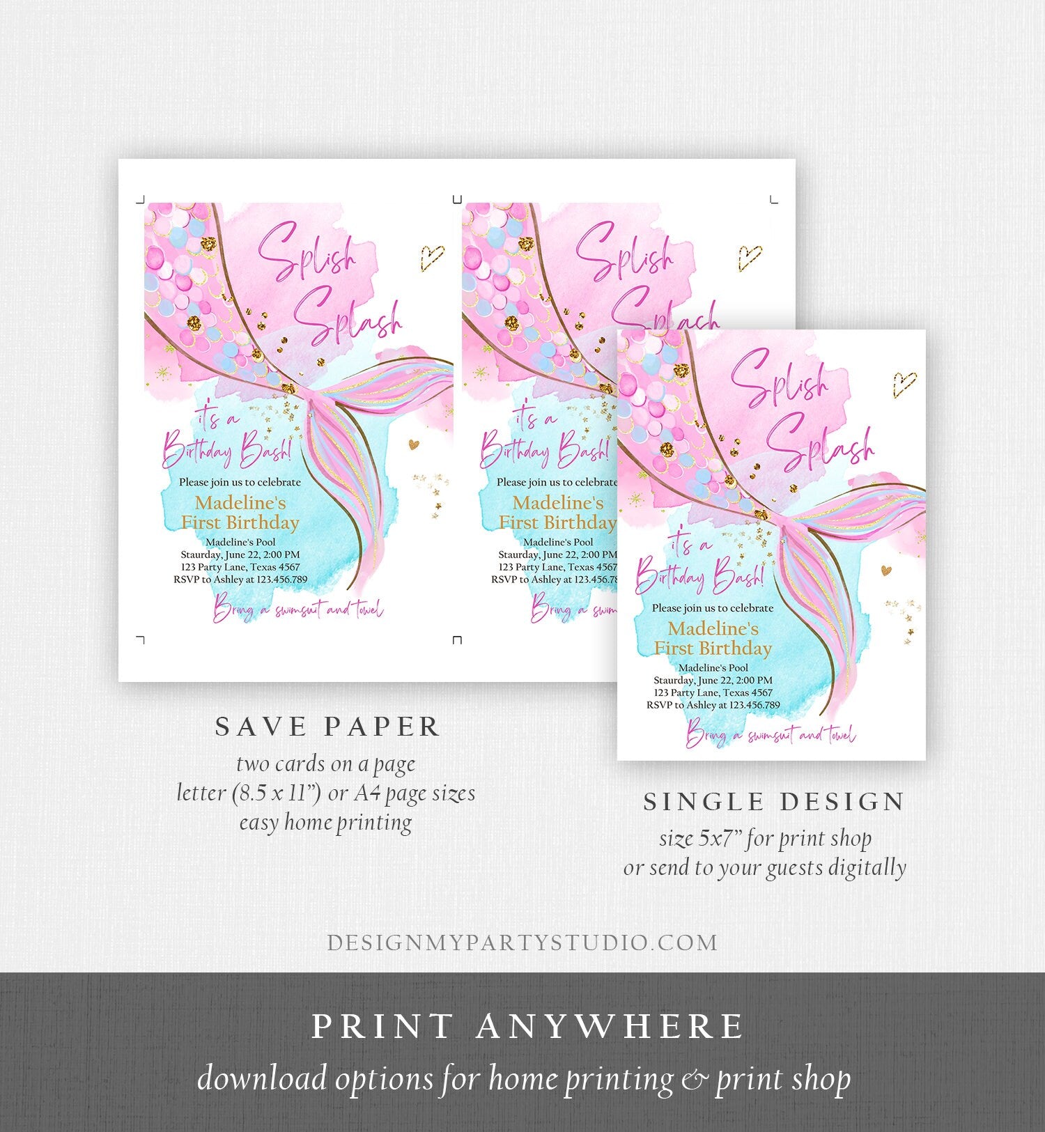 Editable Mermaid Birthday Party Invitation Girl Pink Aqua Purple Gold Mermaid Birthday Under The Sea Download Printable Template Corjl 0403