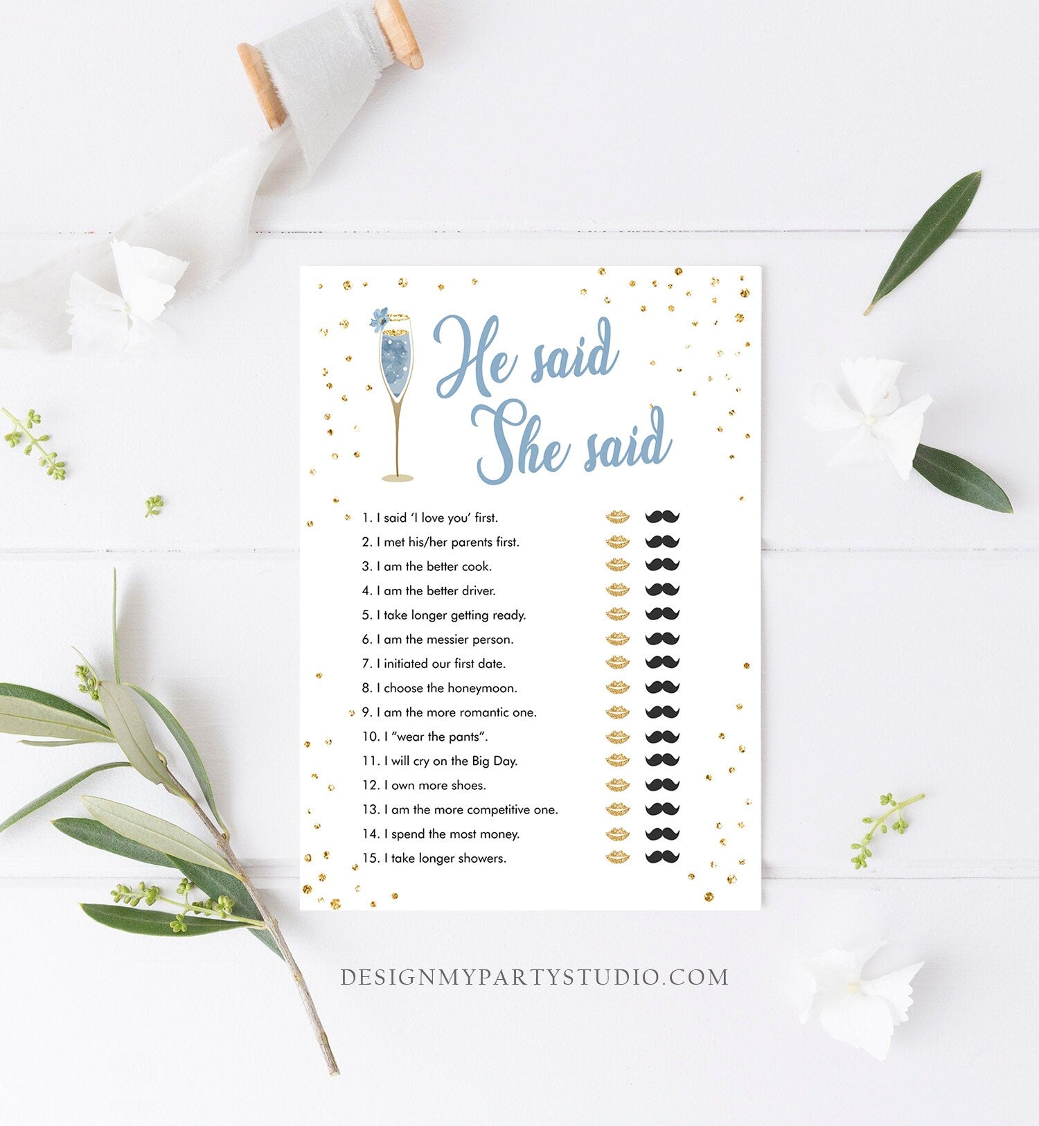 Editable He Said She Said Bridal Shower Game Brunch and Bubbly Bride or Groom Wedding Shower Activity Gold Corjl Template Printable 0150