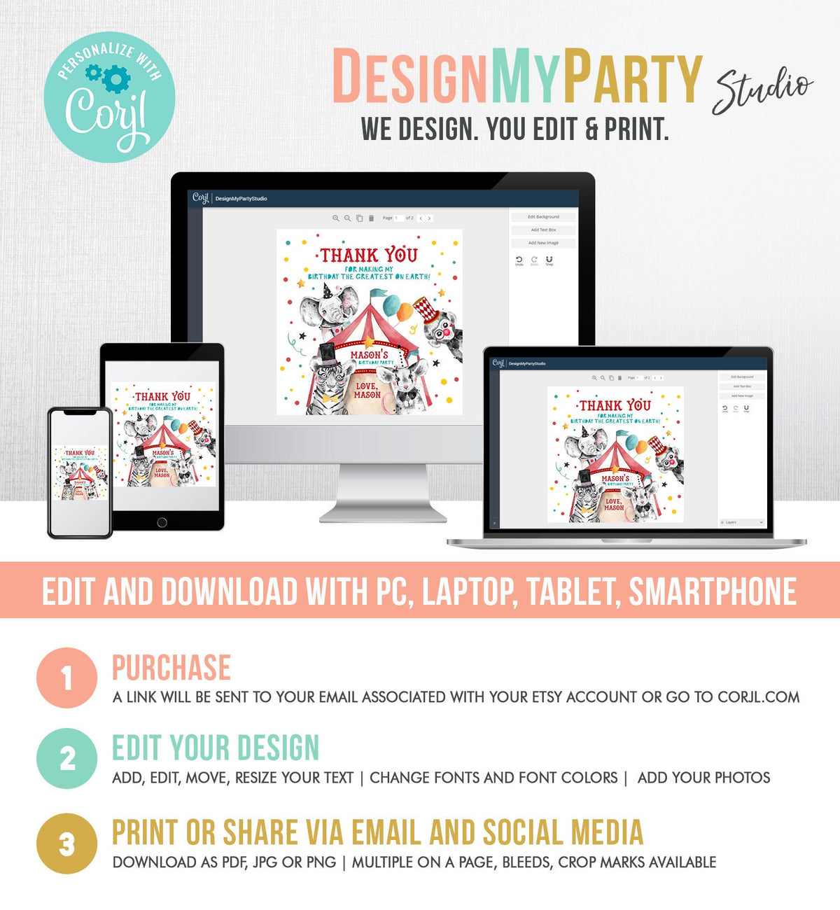 Editable Circus Thank You Tags Carnival Birthday Favor Tags Boy Vintage Circus Stickers Big Top Party Digital Template Printable 0355