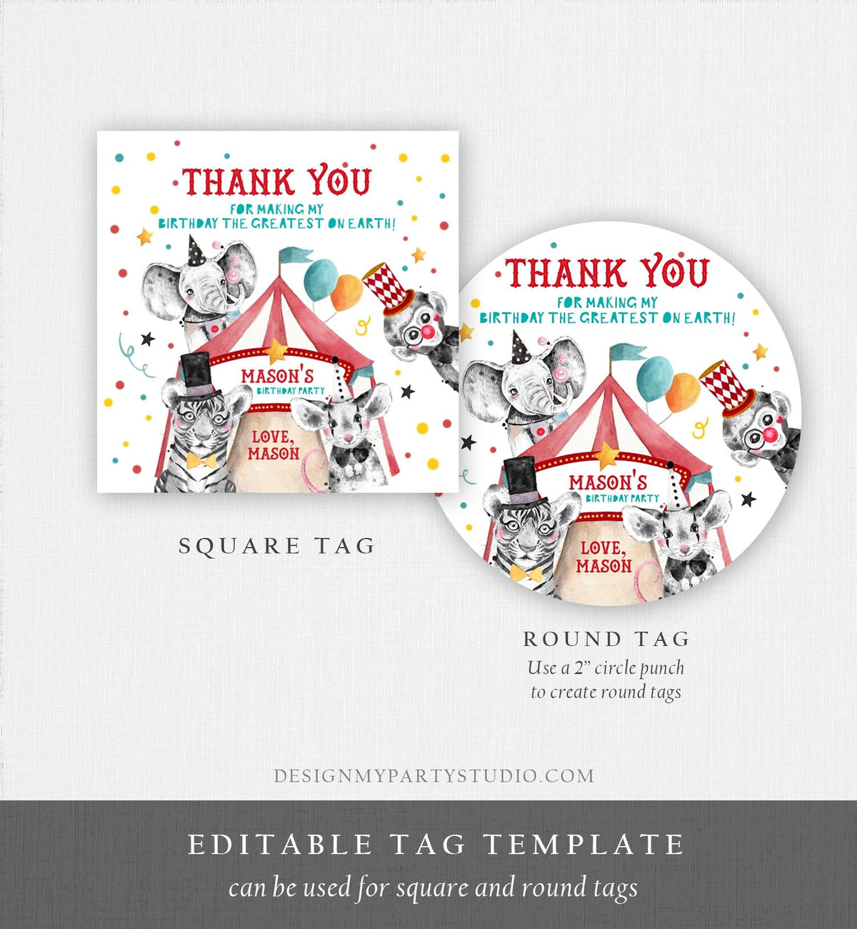 Editable Circus Thank You Tags Carnival Birthday Favor Tags Boy Vintage Circus Stickers Big Top Party Digital Template Printable 0355