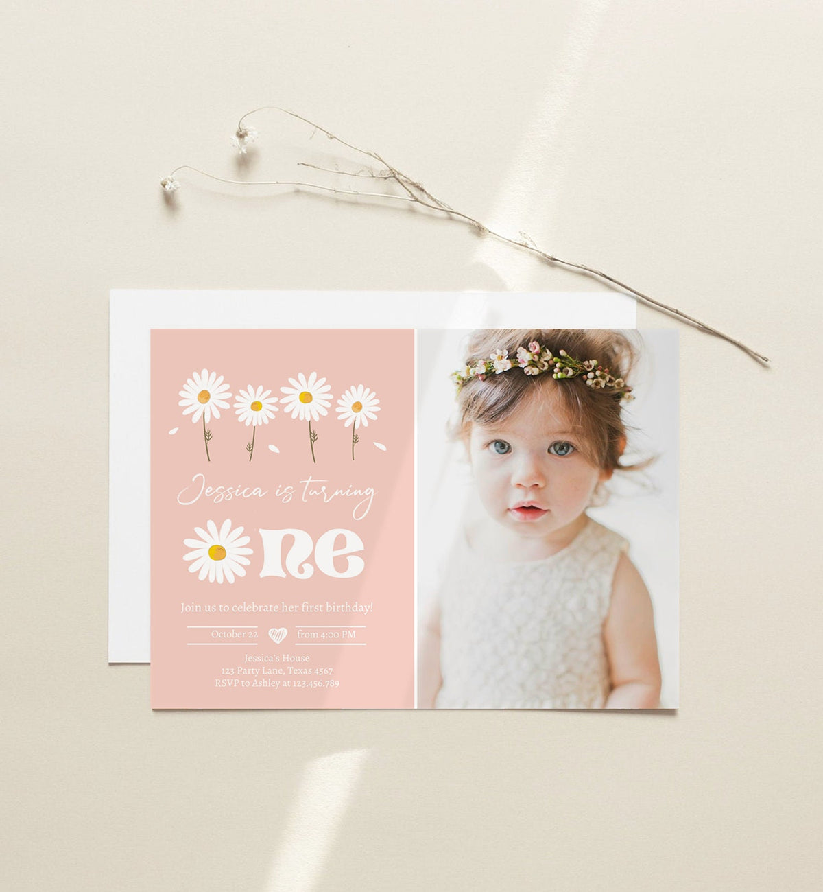 Editable Daisy Birthday Party Invitation 1st Birthday One Party Bohemian Girl Boho Pink First Download Printable Template Corjl Digital 0410