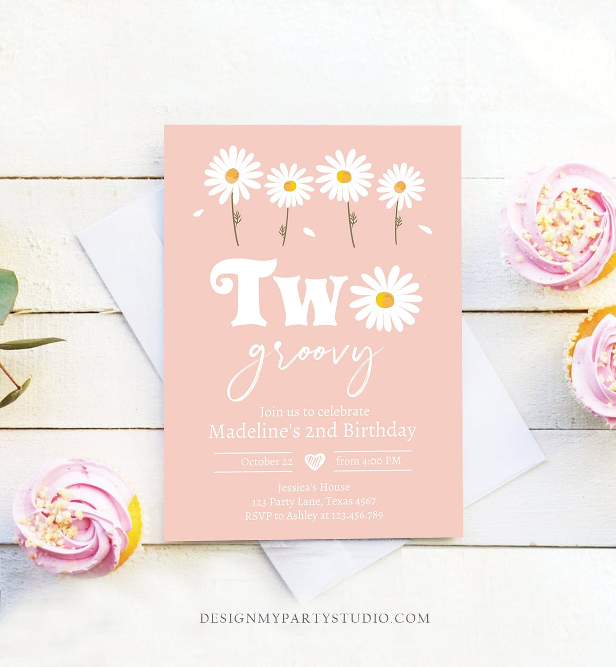 Editable Daisy Birthday Party Invitation 2nd Birthday Two Groovy Floral Bohemian Girl Boho Download Printable Template Corjl Digital 0410