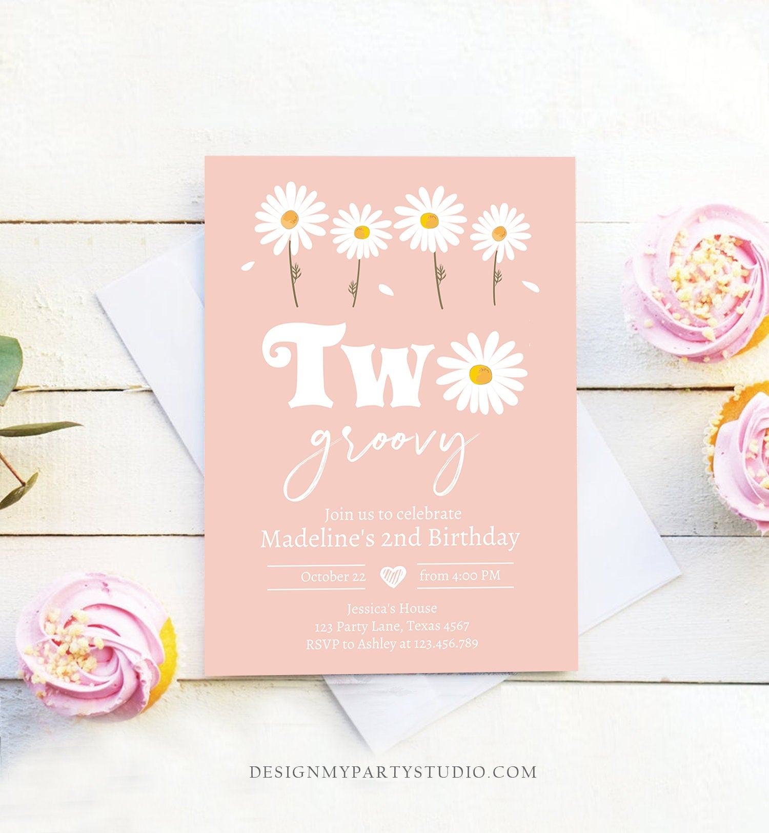 Editable Daisy Birthday Party Invitation 2nd Birthday Two Groovy Floral Bohemian Girl Boho Download Printable Template Corjl Digital 0410